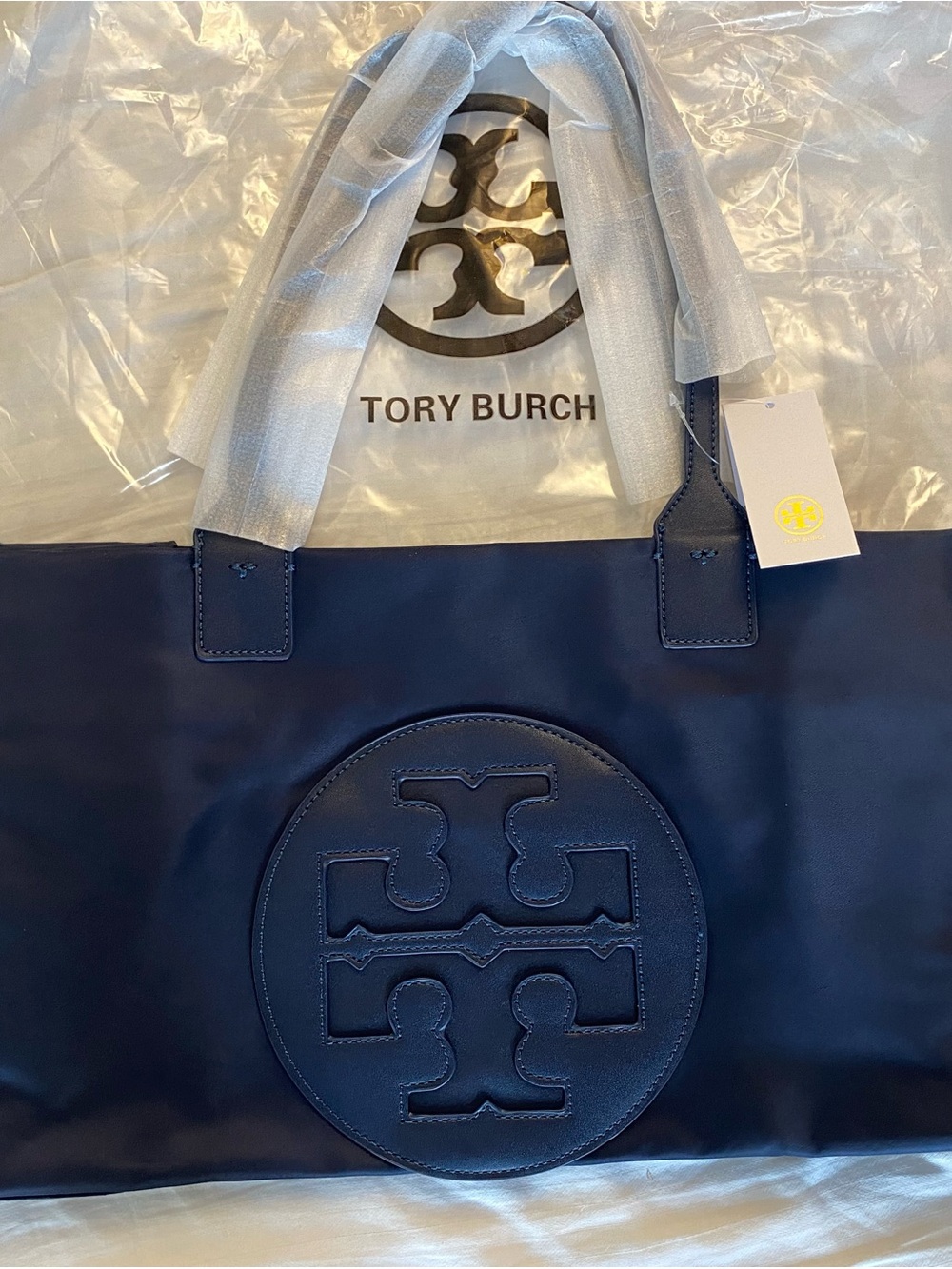 Tory Burch Navy Logo Tote with Leather Medallion